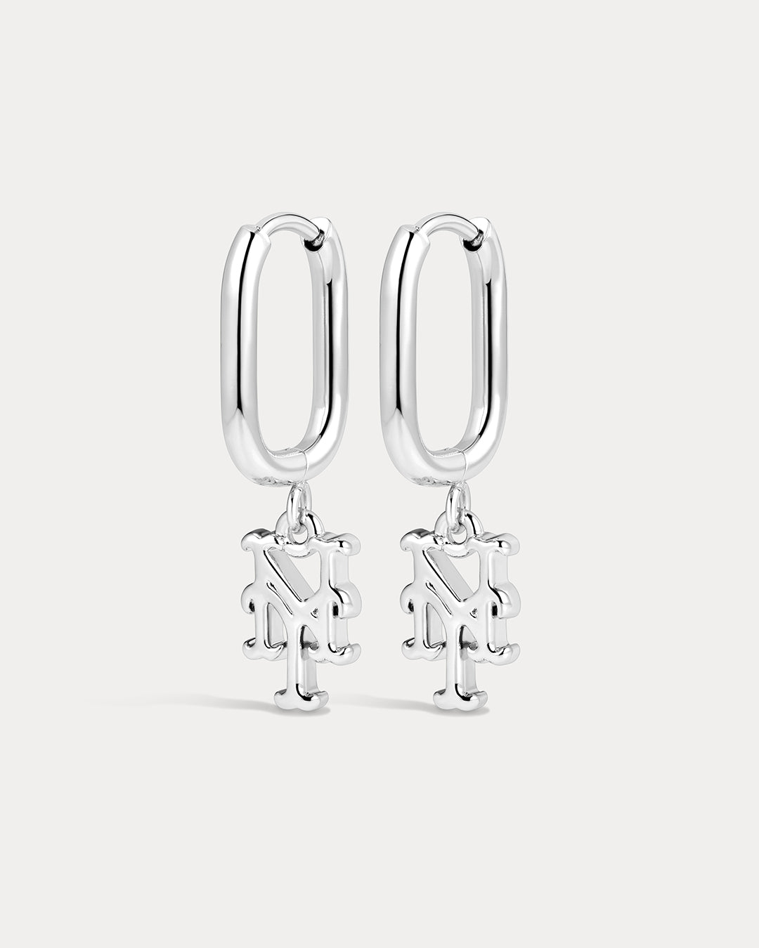 The MLB Logo Charm Oval Hoop Earrings- Silver